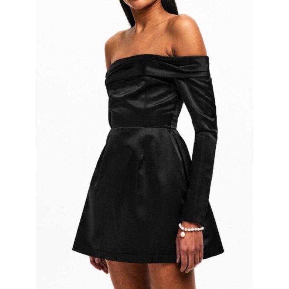 COMMENSE Black Off Shoulder Long Sleeve Overfold Mini Dress S US 4 NWT